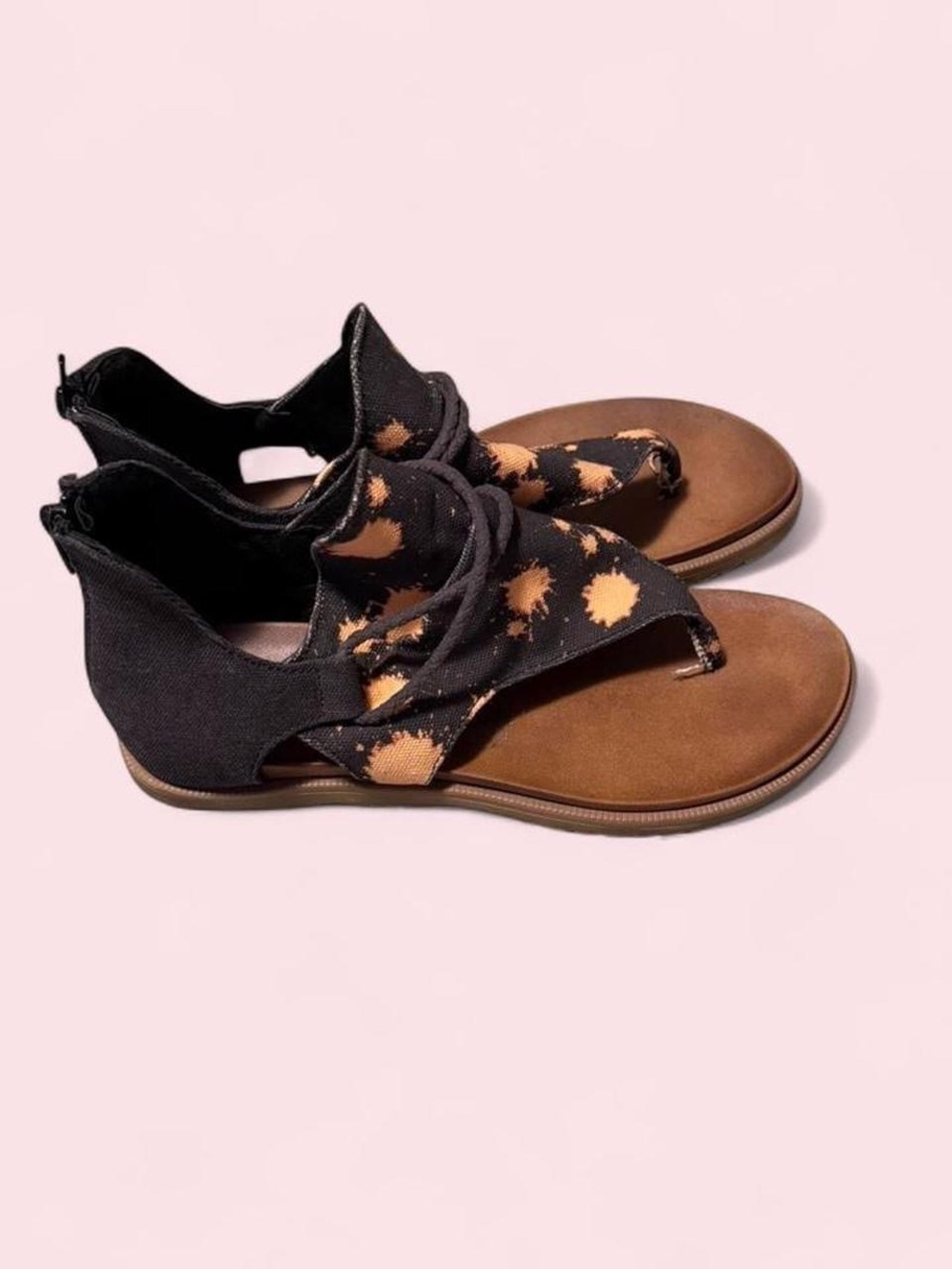 Black & Tan Tie-Up Sandals with Splatter Design - Picture 2 of 7
